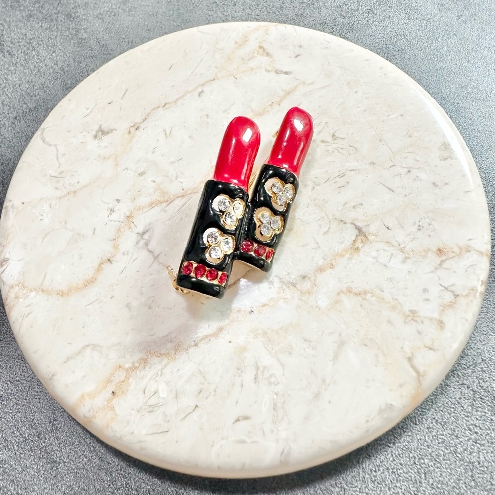 Vintage 1980’s Red And Black Enamel With Crystals Lipstick Brooch Pin